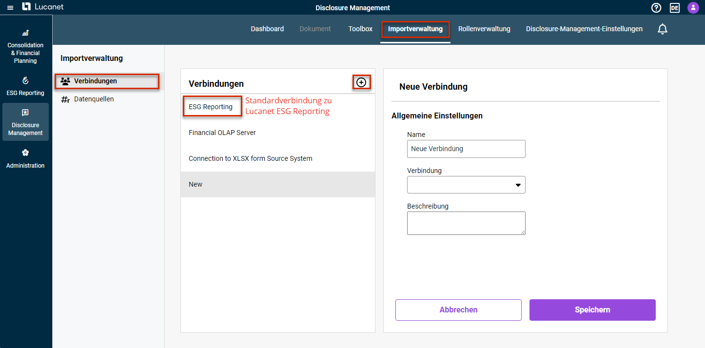 Zeigt den Funktionsbereich Importverwaltung und den Arbeitsbereich Verbindungen. Rot markiert ist außerdem die Schaltfläche, über die eine neue Verbindung angelegt werden kann.