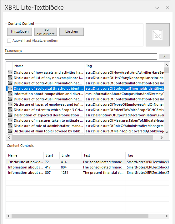 Das Fenster 'XBRL Lite Textblocks' in MS Word.