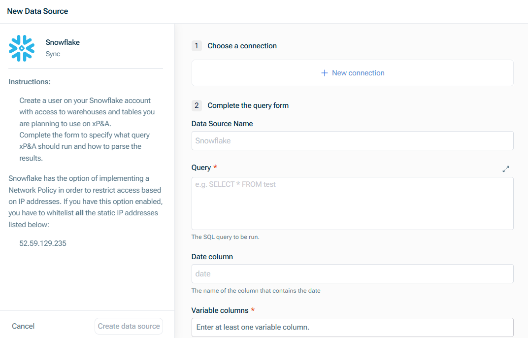 Shows the 'New Data Source' dialog for a Snowflake connection
