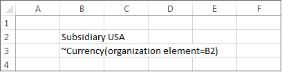 Shows an Excel section with a tilde formula ~currency
