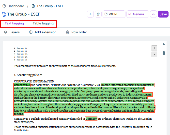 'Text tagging' and 'Table tagging' tabs in XBRL Tagger
