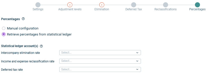 Zeigt den Schritt 'Prozentsätze' der App Zwischenergebniseliminierung im Umlaufvermögen bei automatischer Ermittlung der Prozentsätze