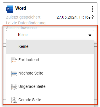 Anzeige der Informationen zu einer Word-Datei in der Detailansicht eines Kapitels. Die Dropdown-Liste 'Abschnittswechsel' ist geöffnet und rot umrandet.