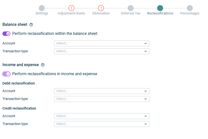 Zeigt den Schritt 'Umgliederungen' der App Zwischenergebniseliminierung im Umlaufvermögen