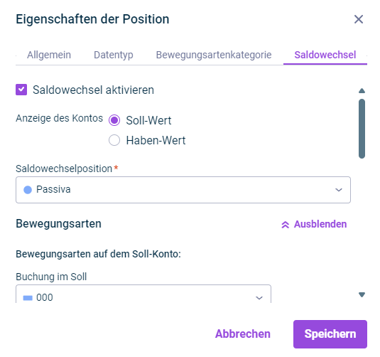 Der Reiter 'Saldowechsel' wird im Dialog 'Eigenschaften der Position' angezeigt.