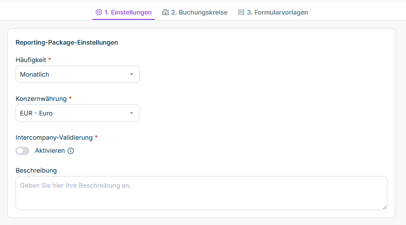 Der erste Schritt des Assistenten zum Erstellen eines Reporting-Package wird angezeigt.