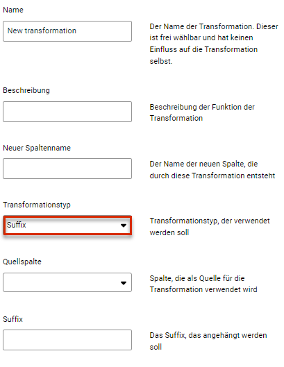Zeigt die Eingabefelder für die Konfiguration der Transformation vom Typ Suffix. Der zu wählende Transformationstyp ist rot umrandet,.