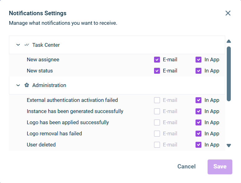 Displays the 'Notifications Settings' dialog