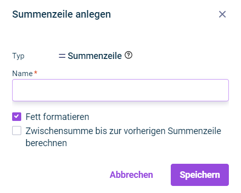 Der Dialog 'Summenzeile anlegen' wird angezeigt.