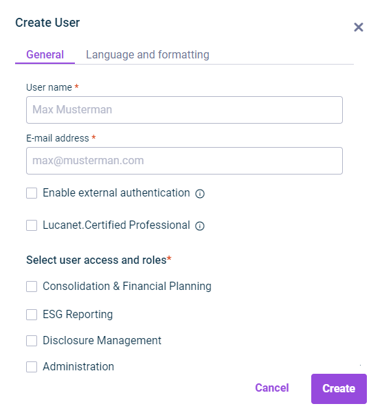 Displays the ‘Create User’ dialog with the ‘General’ tab open. The ‘Language and formatting’ tab is grayed out.