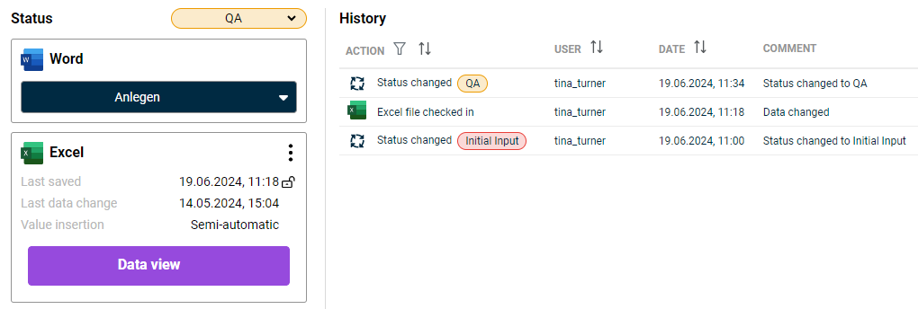 The 'History' list shows several change processes for the assigned Word file and the assigned Excel file. The entire history is outlined in red.