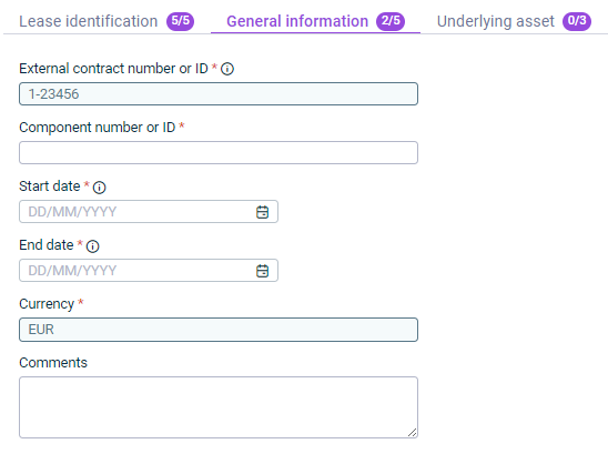 Displays the 'General information' tab, which is displayed for the configuration of a contract component.