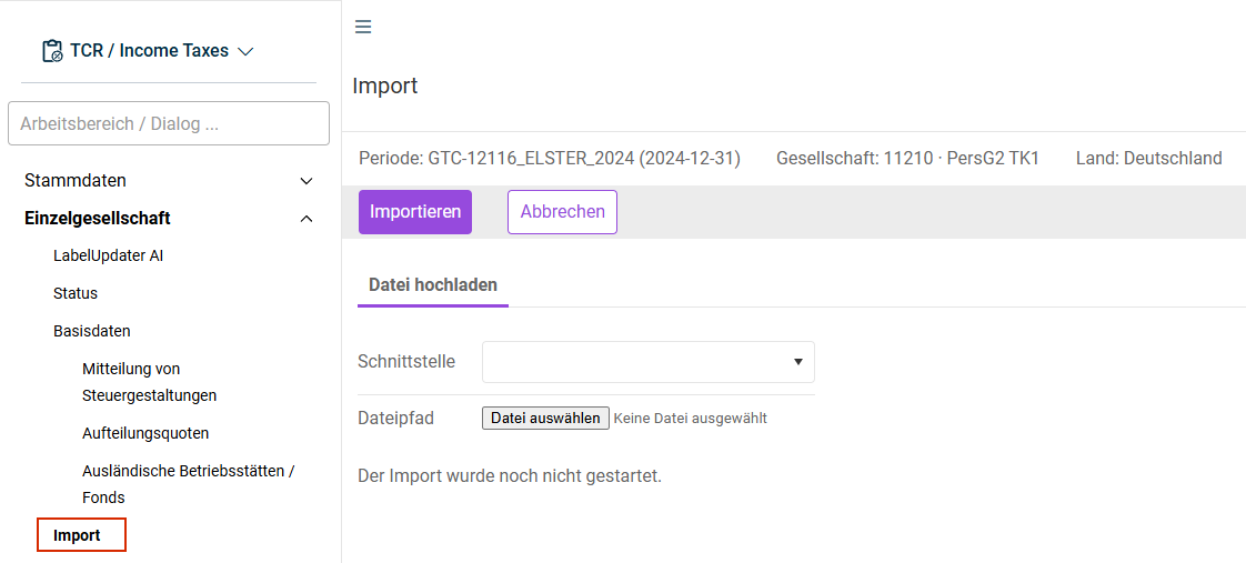 Arbeitsbereich 'Import'