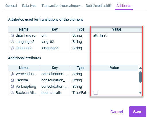 Shows the attribute configuration of a ledger element