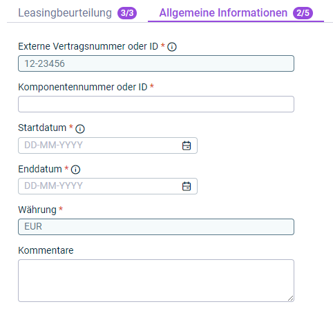 Gezeigt wird der Reiter 'Allgemeine Informationen', der für die Konfiguration einer Vertrgaskomponente angezeigt wird.