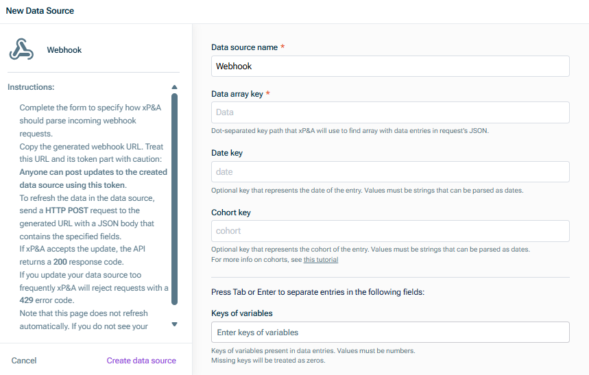 Shows the 'New Data Source' dialog for a Webhook connection