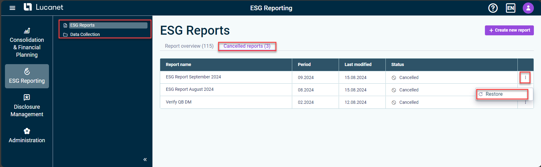 The ESG 'Canceled reports' workspace is displayed. The 'Restore' option for a specific ESG report is highlighted in red.