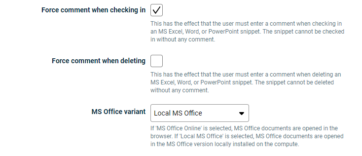 Displays the fields that can be configured for MS Office in the document settings