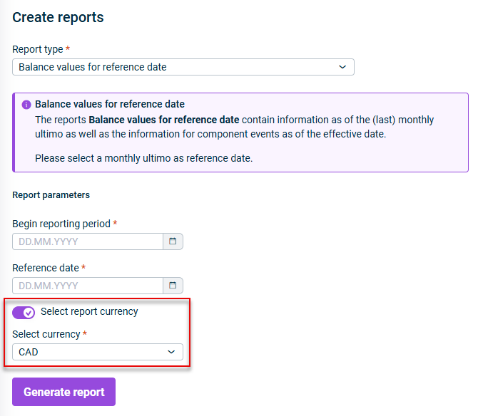 The option for selecting report currency when creating a report is displayed.