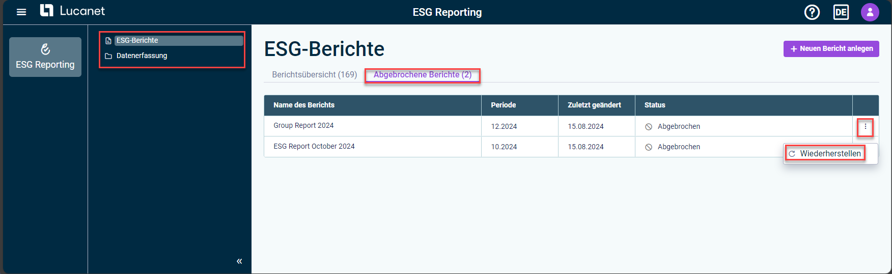 Der Bereich 'Abgebrochene Berichte' im Arbeitsbereich 'ESG-Berichte' wird angezeigt. Die Option zum Wiederherstellen eines spezifischen ESG-Berichts ist rot hervorgehoben.