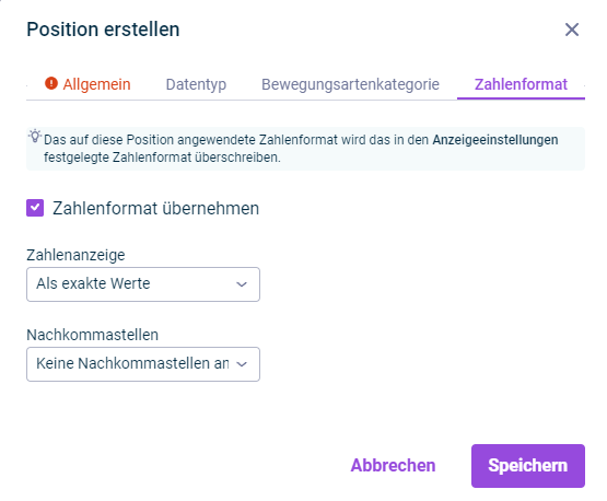 Der Reiter 'Zahlenformat' wird im Dialog 'Position erstellen' angezeigt.