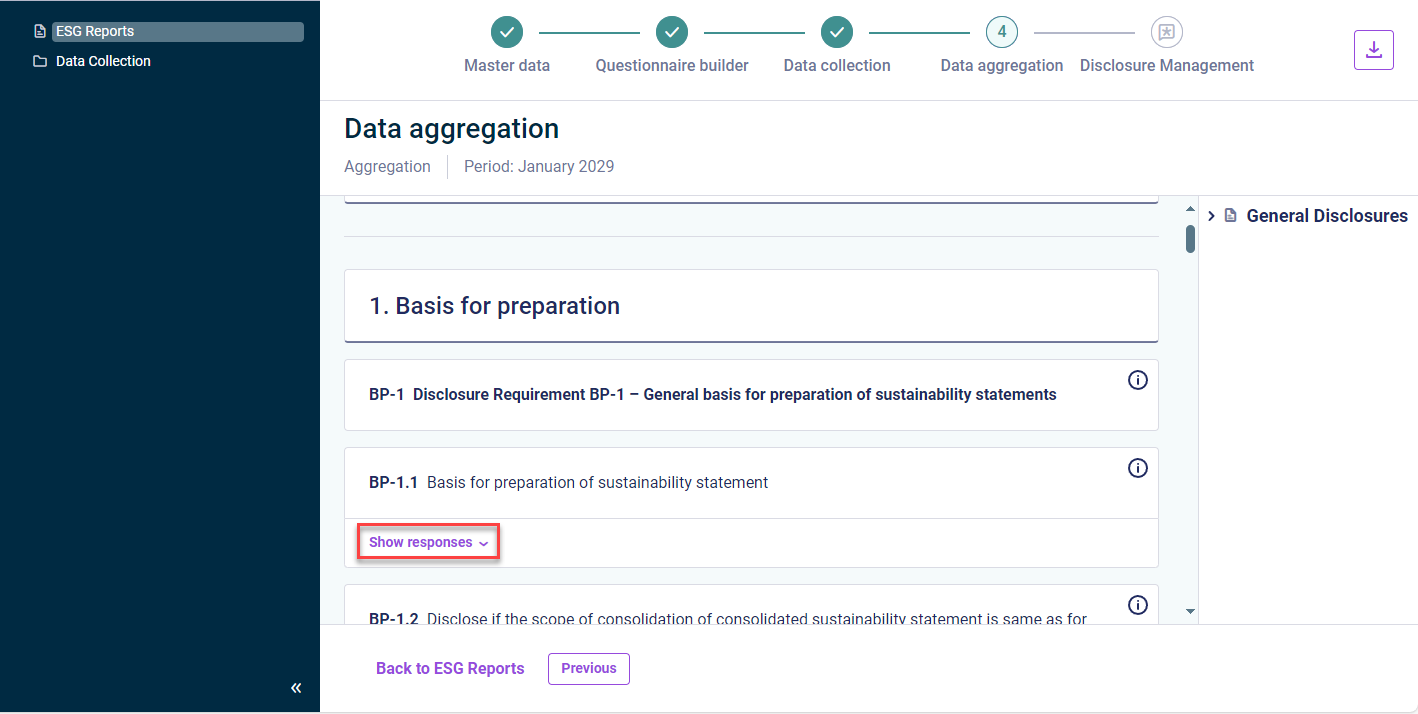 An example of an aggregated report is displayed. The option 'Show responses' of a question is highlighted in red.