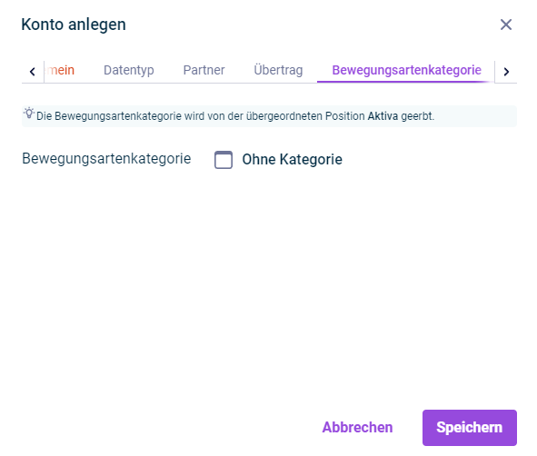 Der Reiter 'Bewegungsartenkategorie' wird im Dialog 'Konto anlegen' angezeigt.