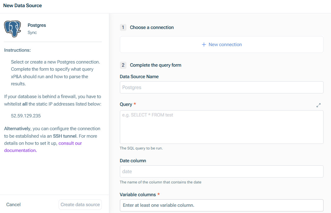 Shows the 'New Data Source' dialog for a Postgres connection