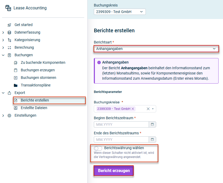 Zeigt den Arbeitsbereich Berichte erstellen. Gewählt ist beispielhaft der Bericht 'Vertragsübersicht'