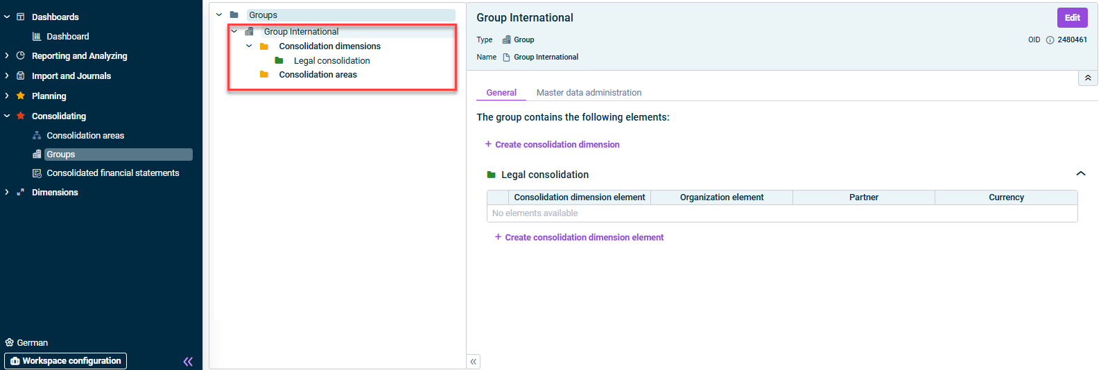 Displays the Groups workspace A newly created group with the automatically generated elements consolidation dimensions, legal consolidation, consolidation areas is highlighted in color.