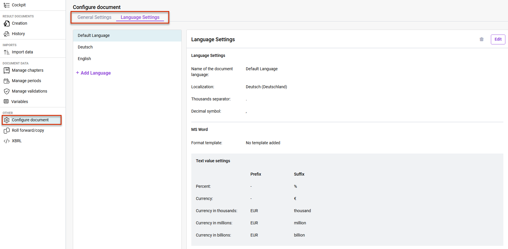 'Configure document' workspace