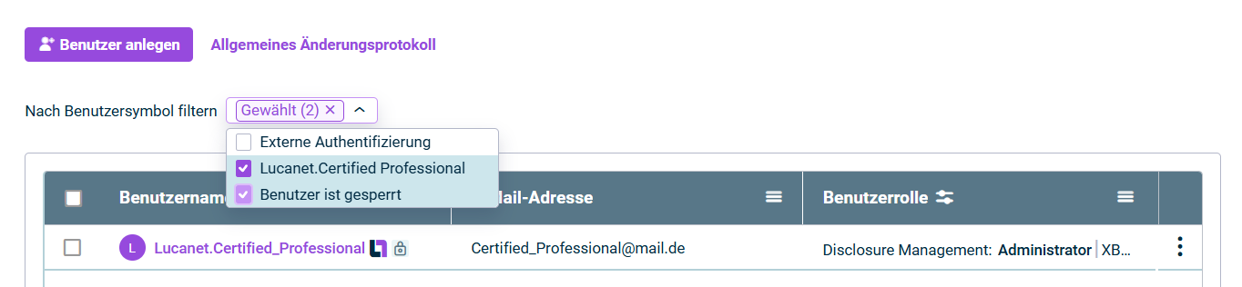 Die Benutzerübersicht mit dem Filter nach Benutzersymbol oberhalb der Liste wird angezeigt. In der Dropdown-Liste hinter dem Filter sind die Kontrollkästchen 'Lucanet.Certified Professional' und "Benutzer ist gesperrt" aktiviert. Das Kontrollkästchen 'Externe Authentifizierung' ist nicht aktiviert.