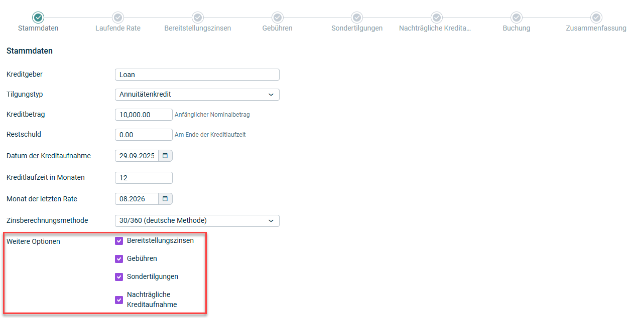 Zeigt den Schritt 'Stammdaten' des Kreditassistenten an. Hervorgehoben ist der abschnitt mit den wieteren Optionen