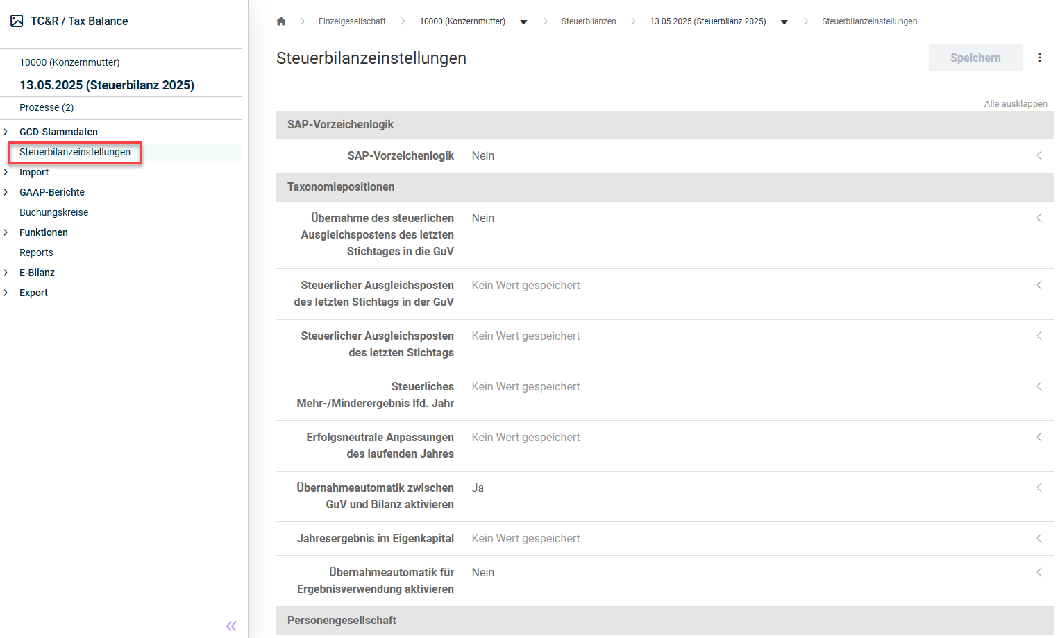 Arbeitsbereich 'Steuerbilanzeinstellungen'