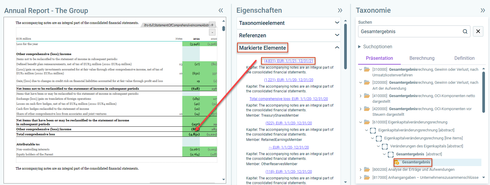 Zeigt einen Ausschnitt aus dem Arbeitsbereich 'XBRL-Dokument'. Die Dropdown-Liste 'Markierte Elemente' ist geöffnet. Ein angezeigter Link ist rot umrandet. Ein Pfeil zeigt vom Link zu einem getaggten Wert. im Dokument.