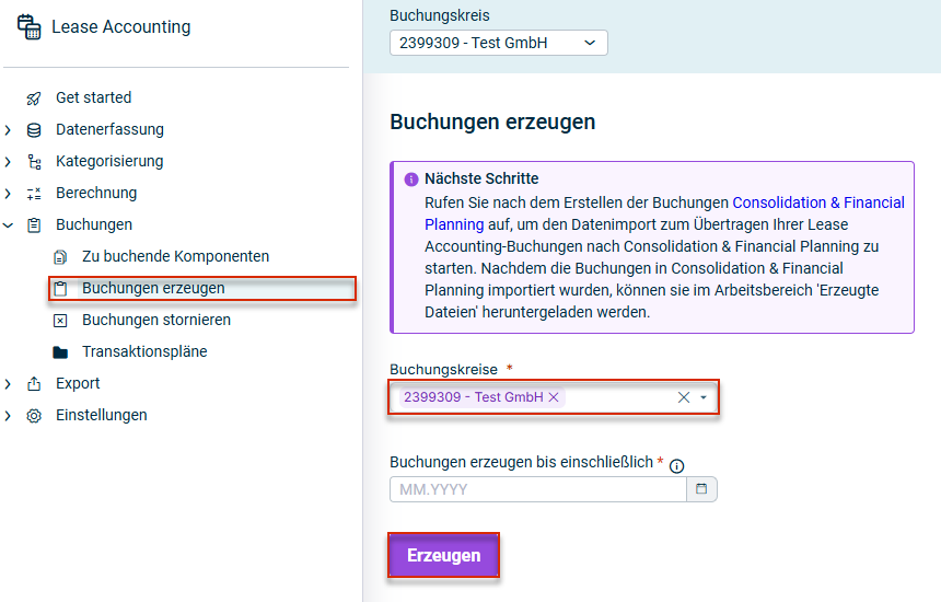 Zeigt den Arbeitsbereich Buchungen erzeugen