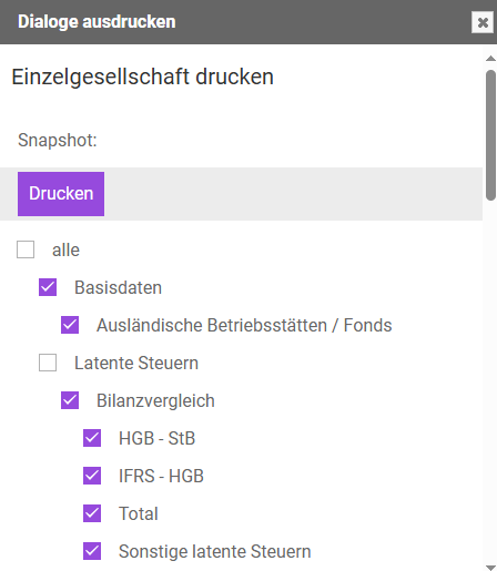 Drucken der Daten zu einer Einzelgesellschaft