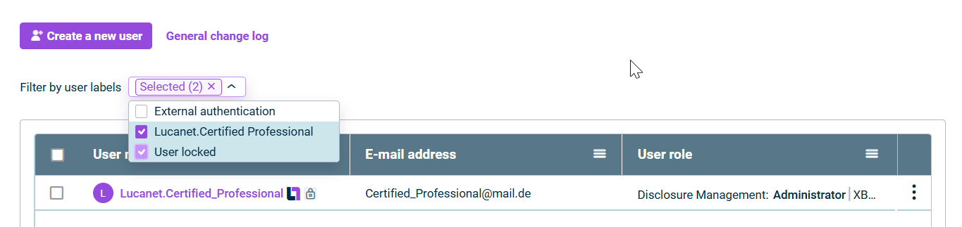 The list of users with the Filter by user labels above the list is displayed. In the drop-down list behind the filter, the check boxes 'Lucanet.Certified Professional' and "User locked" are activated. The 'External authentication' check box is not activated.