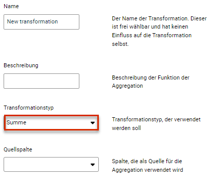 Zeigt die Eingabefelder für die Konfiguration der Aggregation vom Typ Sum. Der zu wählende Transformationstyp ist rot umrandet.