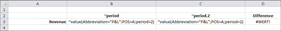 Shows an Excel section with tilde formulas. The first row contains a tilde formula that queries a time period, and the last column contains the difference.