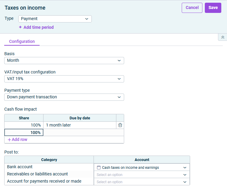 The dialog for configuring a payment is displayed.