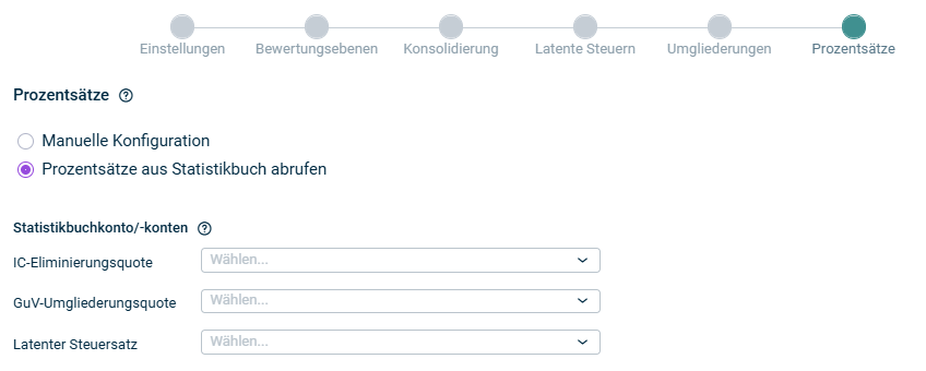 Zeigt den Schritt 'Prozentsätze' der App Zwischenergebniseliminierung im Umlaufvermögen bei automatischer Ermittlung der Prozentsätze