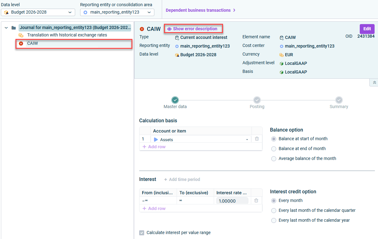 Shows a journal and the details of a current account interest wizard. Highlighted in red are the wizard element with the red warning icon and the command 'Show error description'