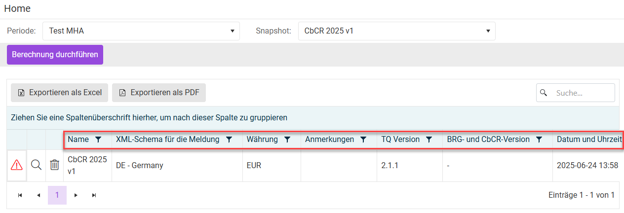 Die Tabelle mit Filteroptionen für Snapshots ist hervorgehoben.