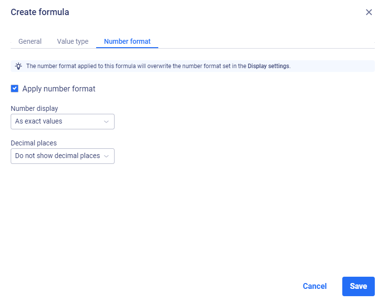 Dialog 'Create formular' - 'Number format' tab