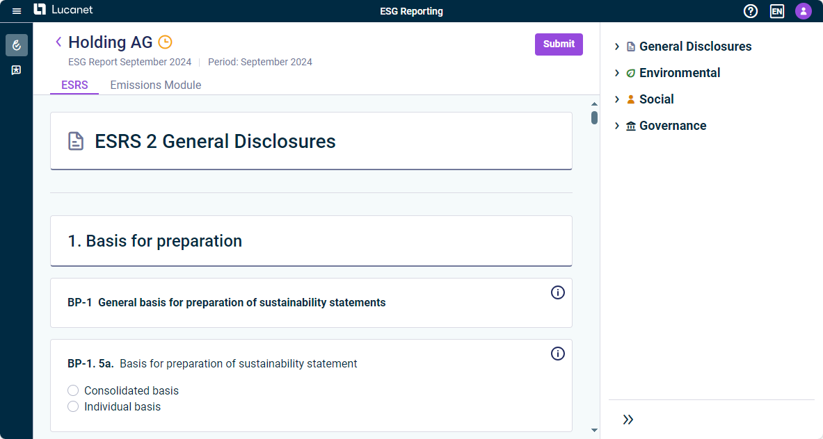 Displays the user interface of an ESRS questionnaire.