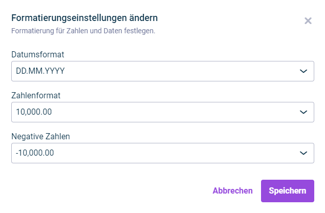 Der Dialog 'Formatierung' wird angezeigt. In diesem Dialog werden Formatierungen für Zahlen und Daten festgelegt.