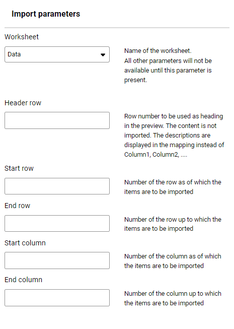 Mandatory parameters for importing from an Excel file