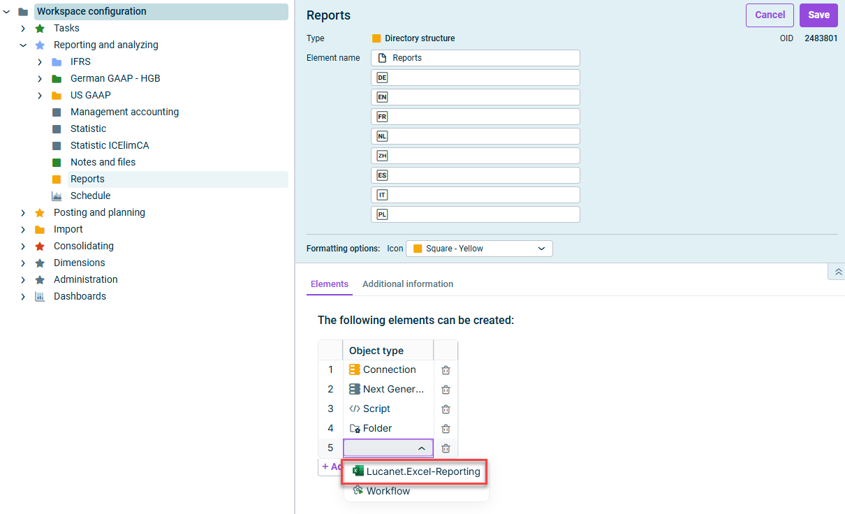 Shows the configuration of the workspaces and, on the right, a detailed view of a directory structure. The object type Lucanet.Excel-Reporting from the ‘Object type’ drop-down list is marked in re