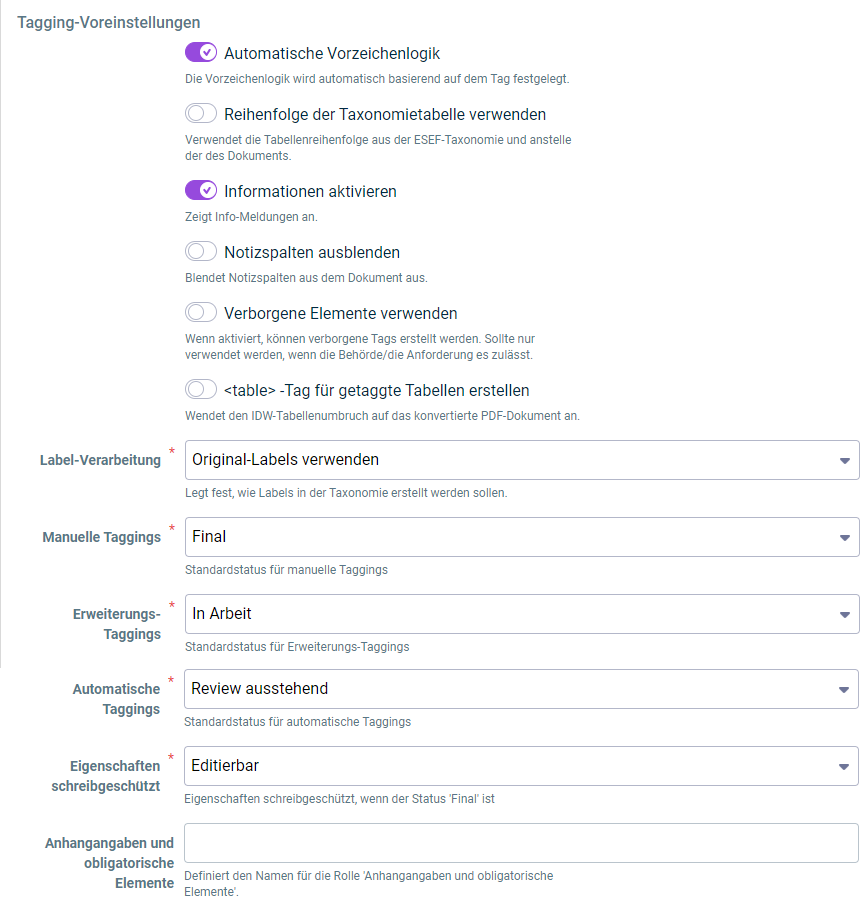 Zeigt die Optionen für die Konfiguration der Voreinstellungen für das Tagging.